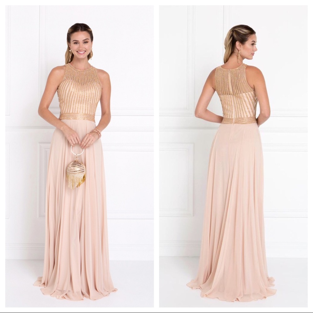 LONG SLEEVELESS GOLD BEADED CHAMPAGNE DRESS